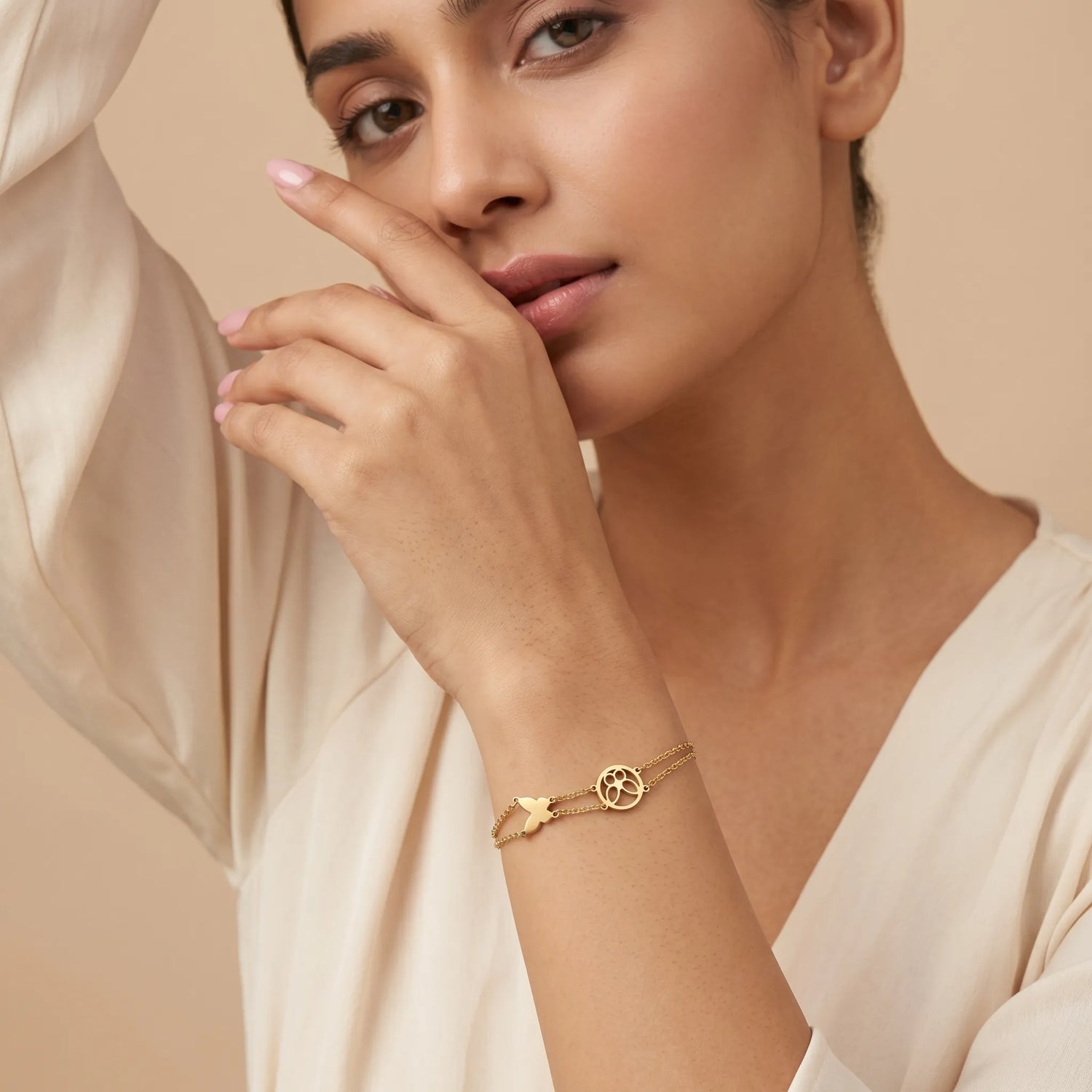 Butterfly &amp; Paw Print Layered Bracelet – 18K Gold Plated