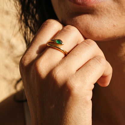 Liquid Teardrop Crystal Open Cuff Ring – 18K PVD Gold Plated