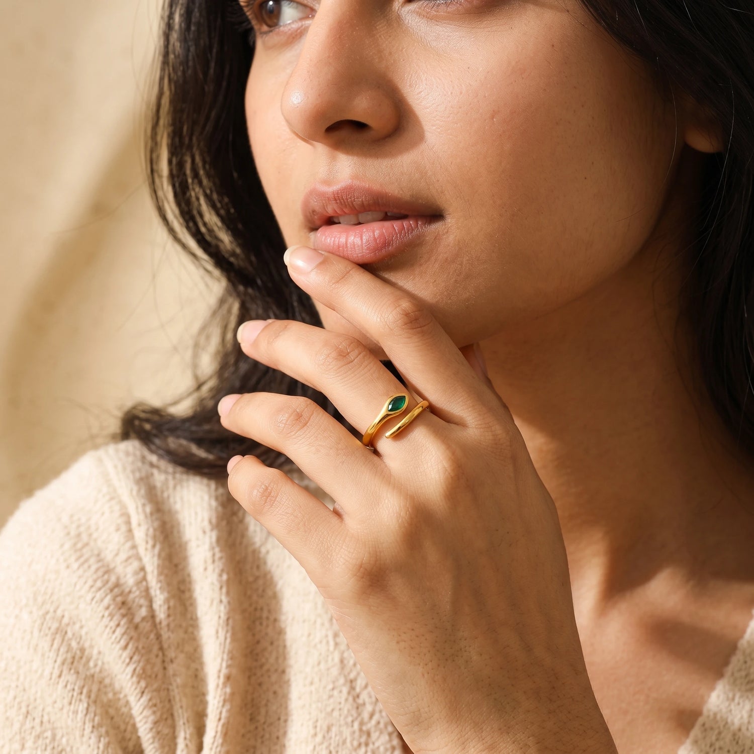 Liquid Teardrop Crystal Open Cuff Ring – 18K PVD Gold Plated