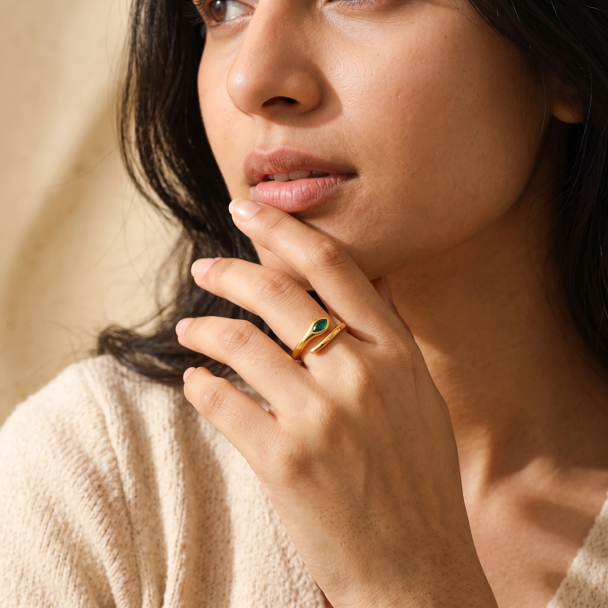 Liquid Teardrop Crystal Open Cuff Ring – 18K PVD Gold Plated