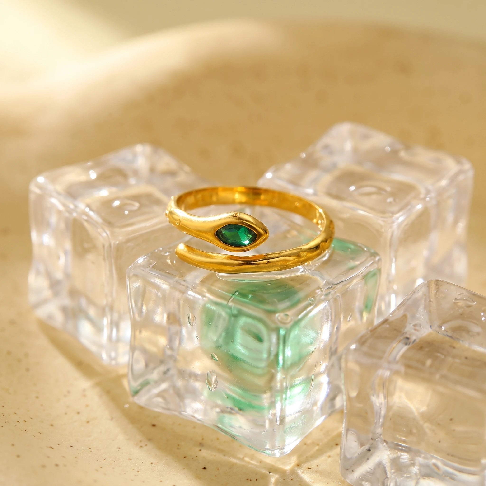 Liquid Teardrop Crystal Open Cuff Ring – 18K PVD Gold Plated
