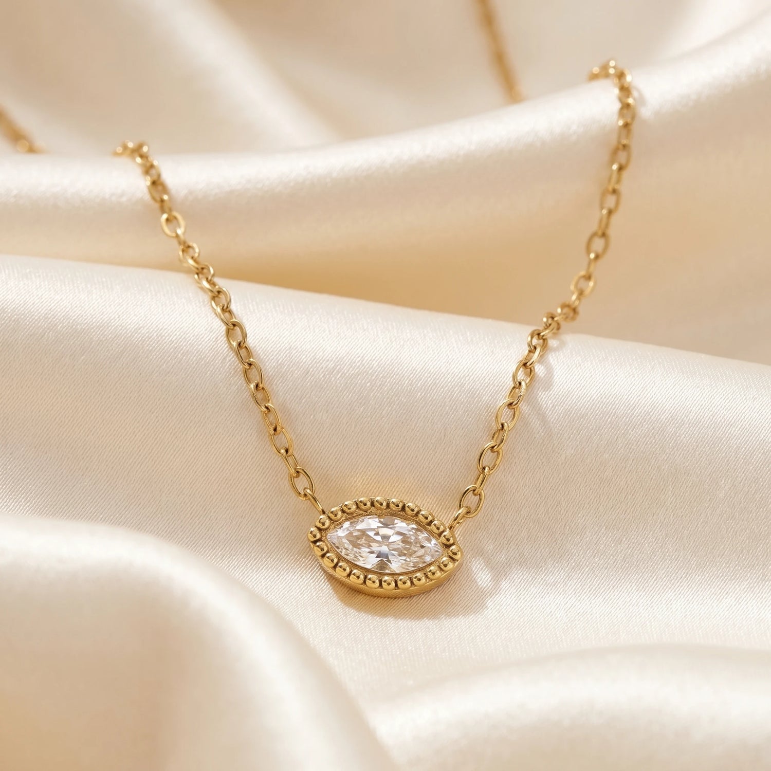 Marquise Crystal Beaded Bezel Necklace – 18K PVD Gold Plated