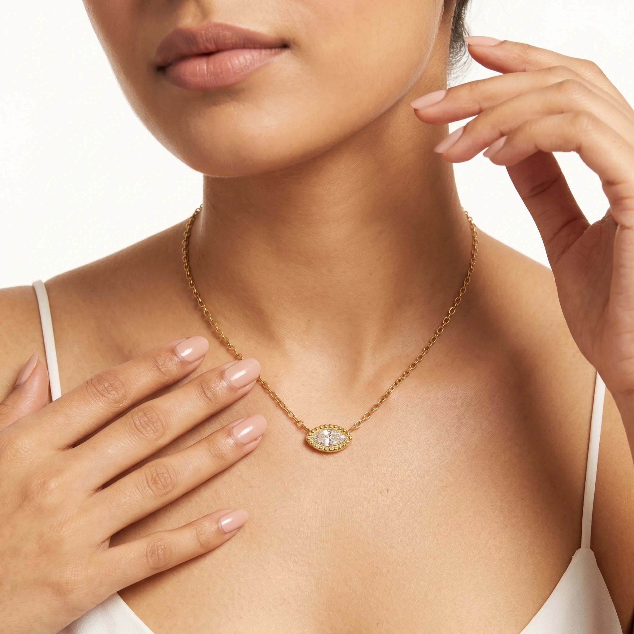 Marquise Crystal Beaded Bezel Necklace – 18K PVD Gold Plated