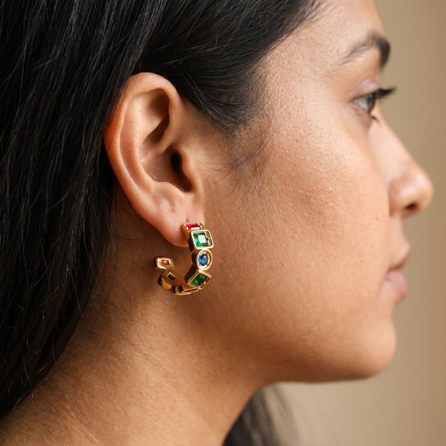 Multicolour Crystal C-Hoop Earrings – 18K PVD Gold Plated