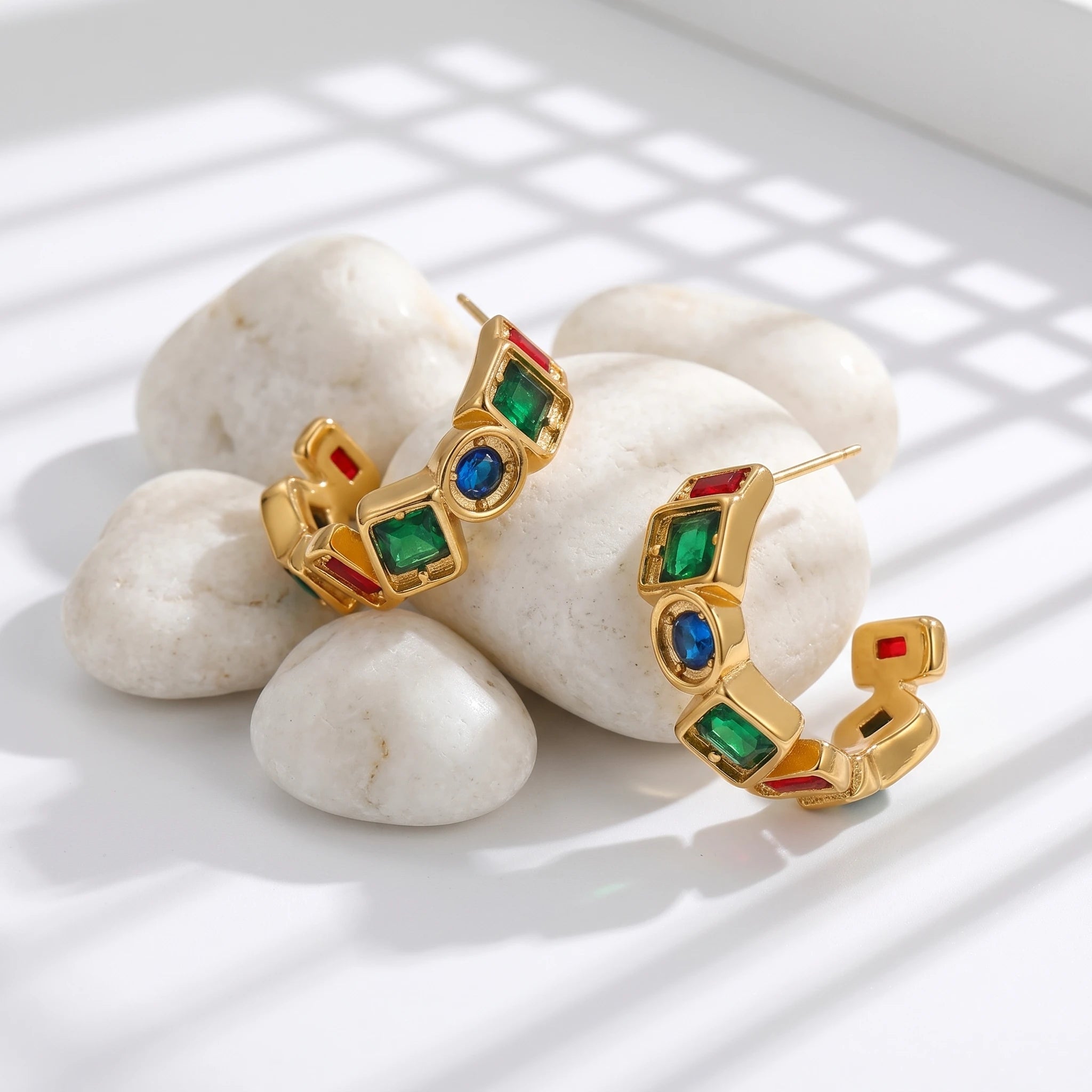Multicolour Crystal C-Hoop Earrings – 18K PVD Gold Plated