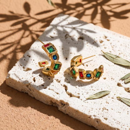 Multicolour Crystal C-Hoop Earrings – 18K PVD Gold Plated
