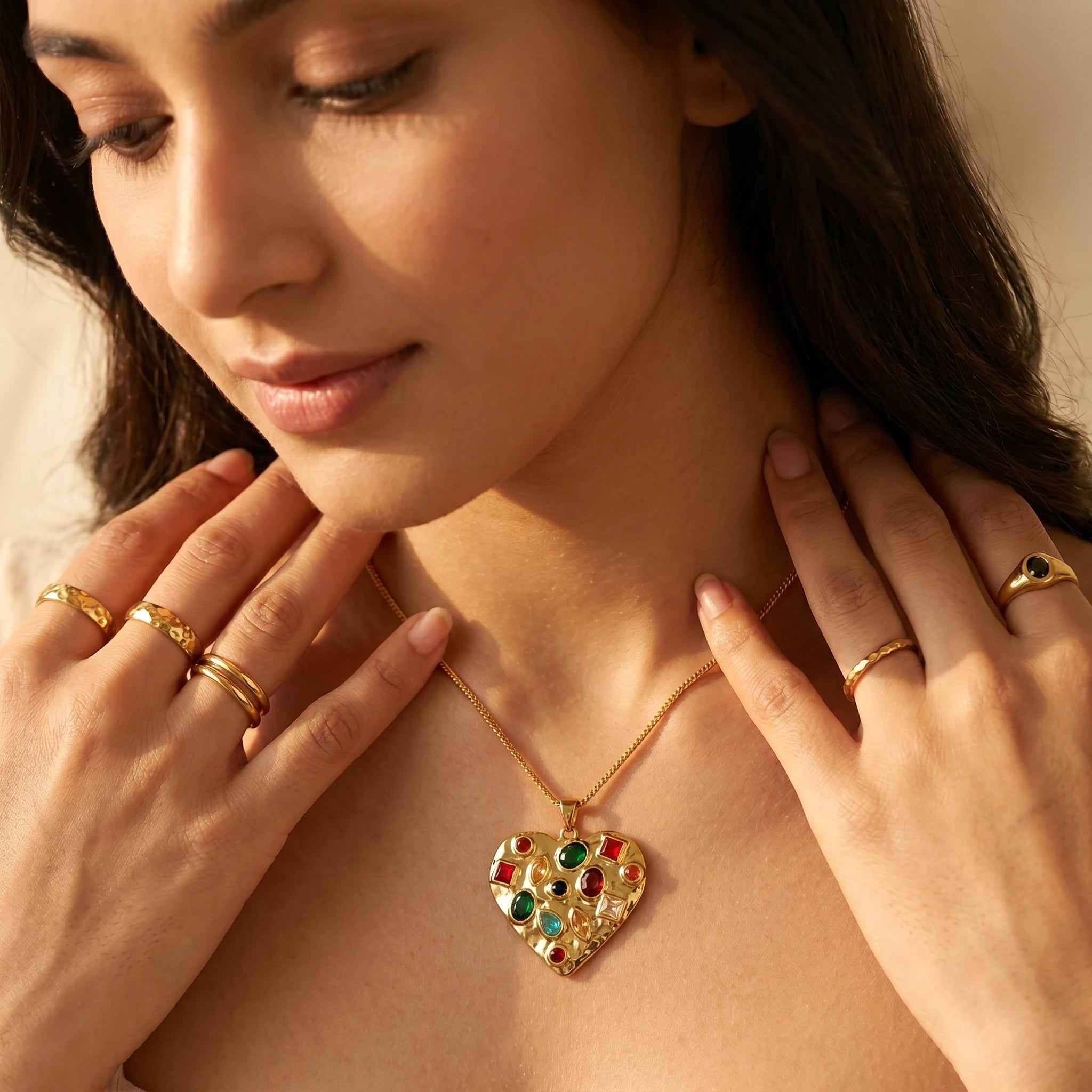 Multicolour Crystal Heart Statement Necklace – 18K PVD Gold Plated