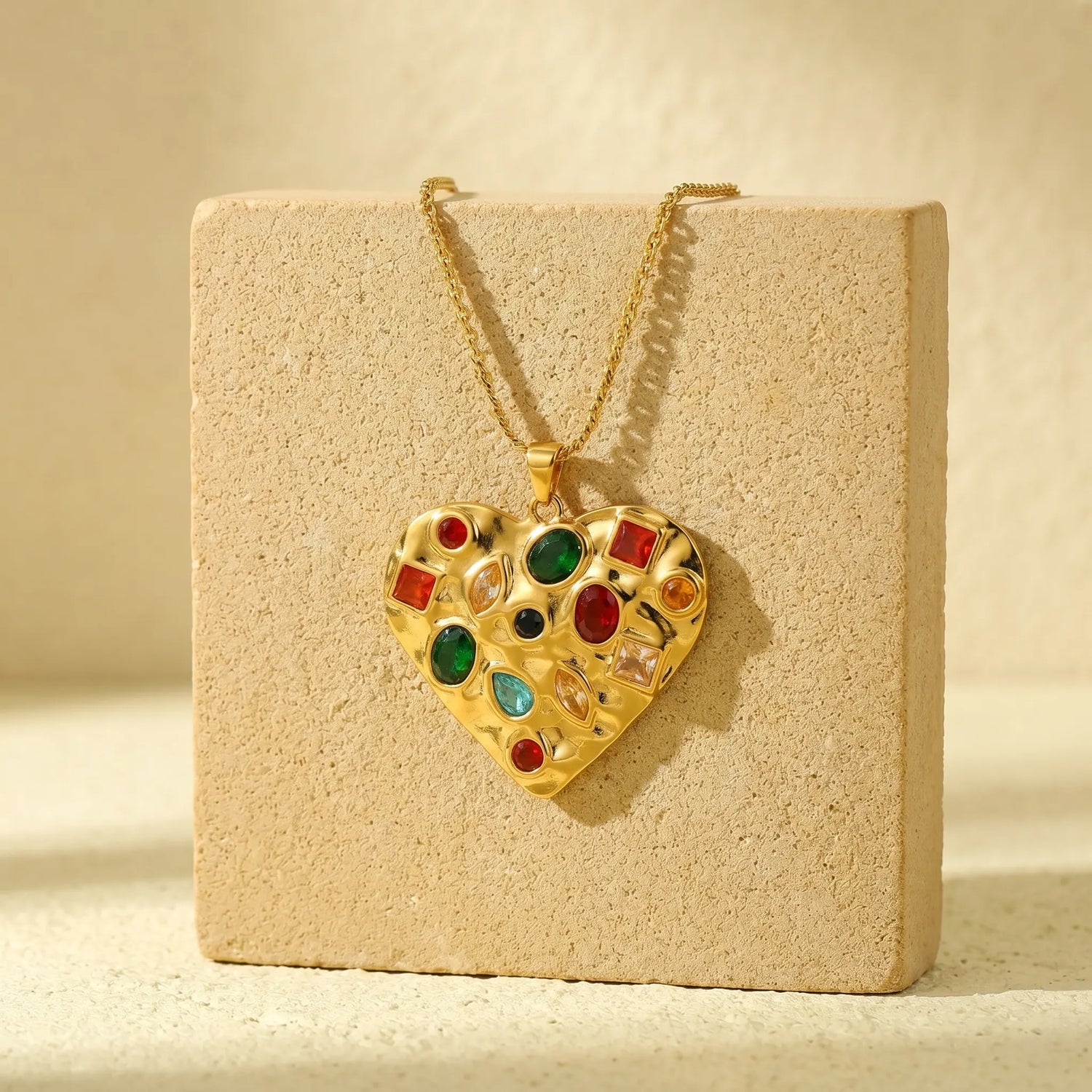 Multicolour Crystal Heart Statement Necklace – 18K PVD Gold Plated