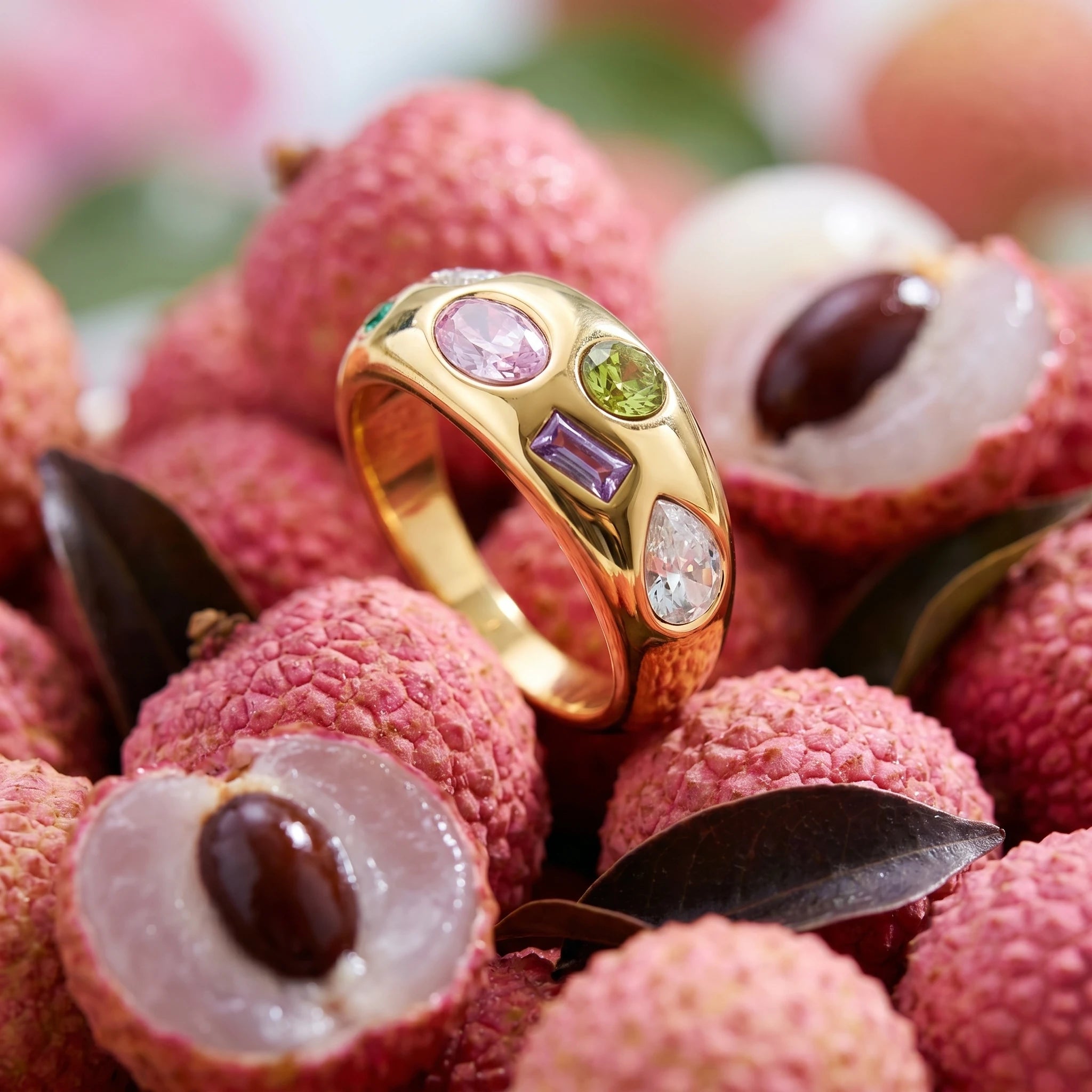 Multicolour Mixed Cut Crystal Dome Ring – 18K PVD Gold Plated
