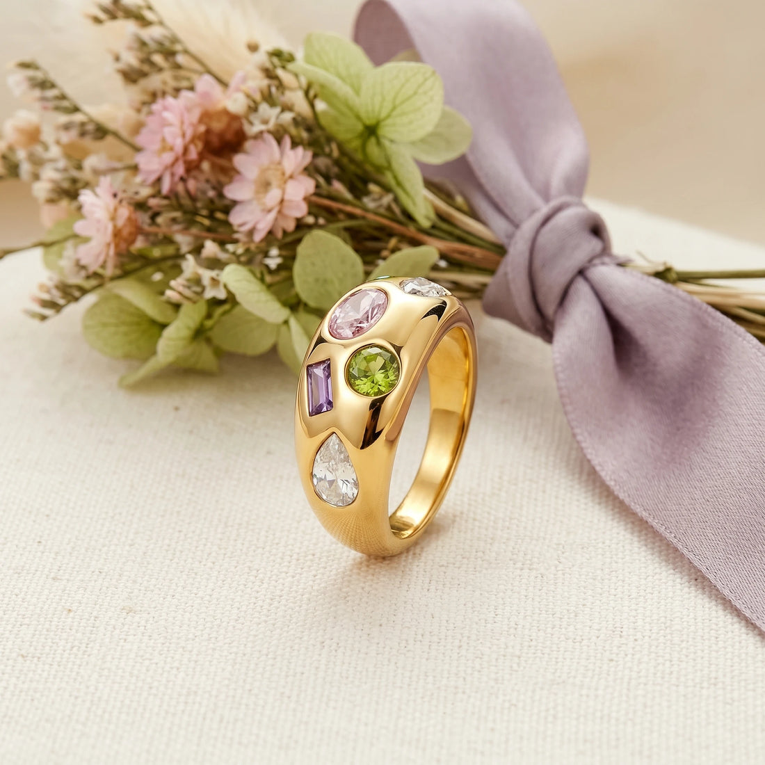 Multicolour Mixed Cut Crystal Dome Ring – 18K PVD Gold Plated