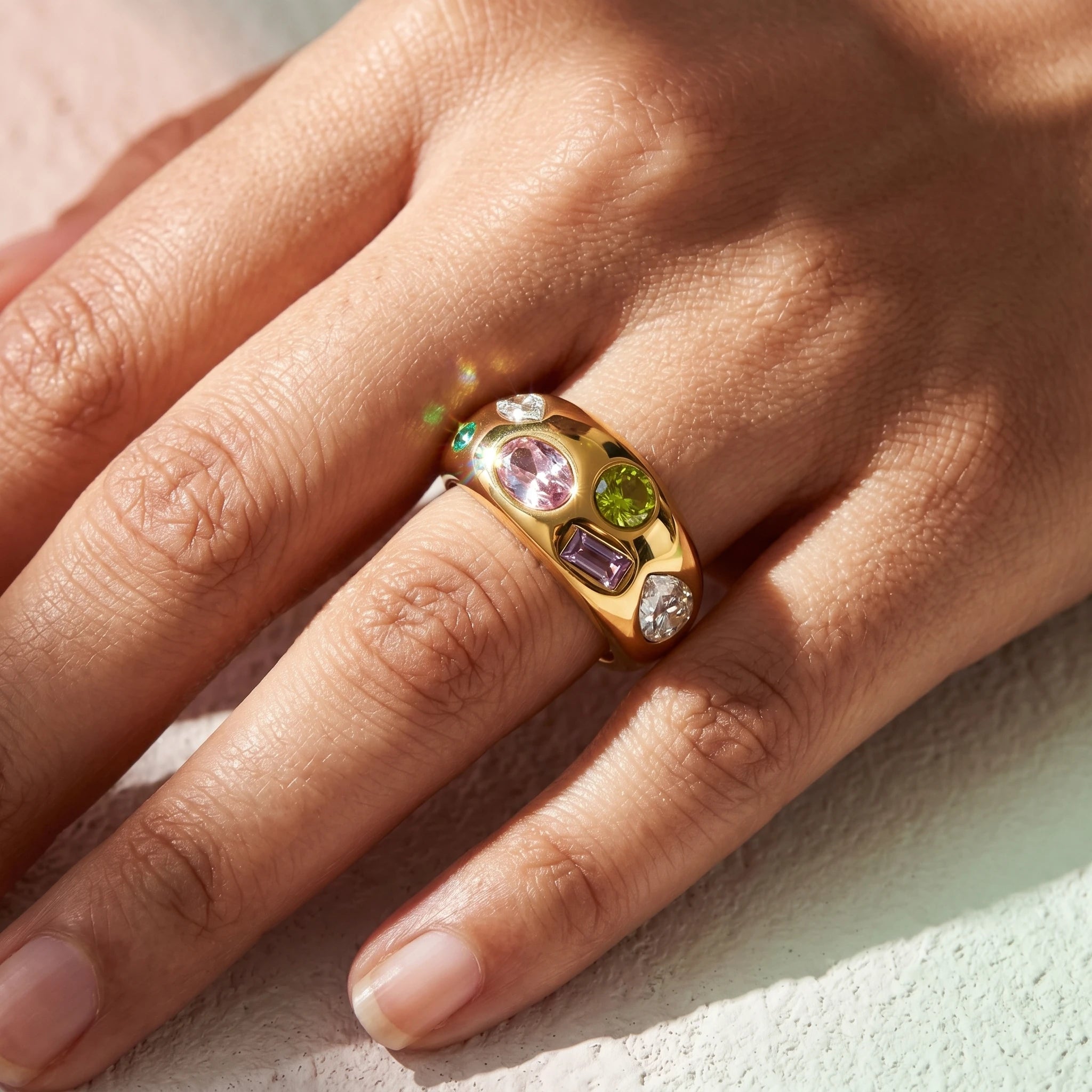 Multicolour Mixed Cut Crystal Dome Ring – 18K PVD Gold Plated