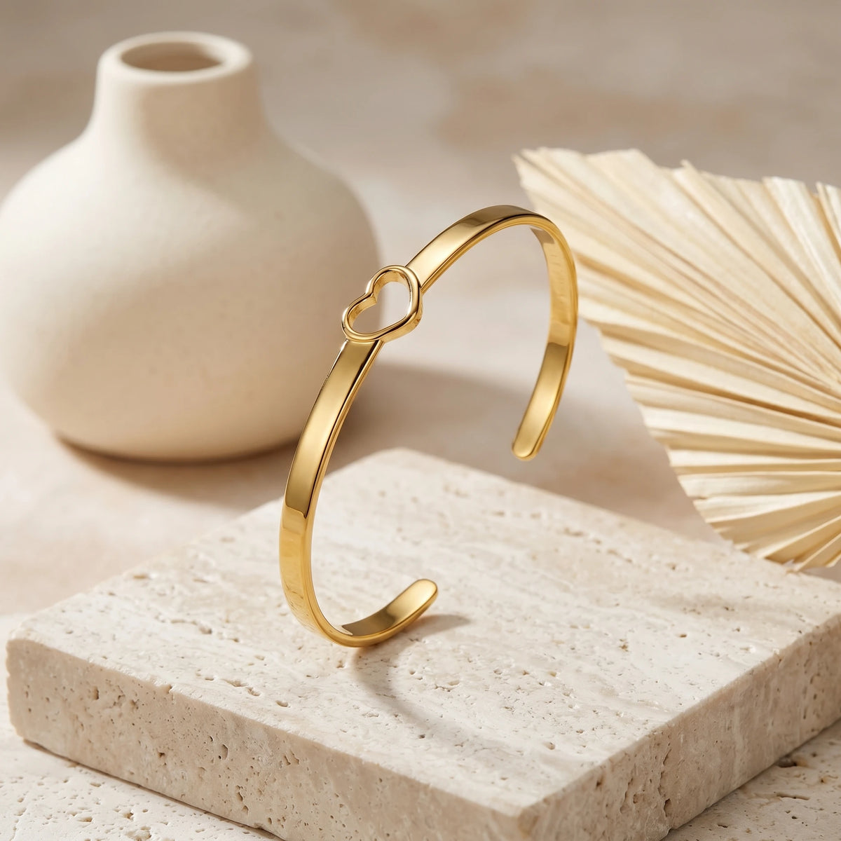 Open Heart Flat Cuff Bangle Bracelet – 18K PVD Gold Plated