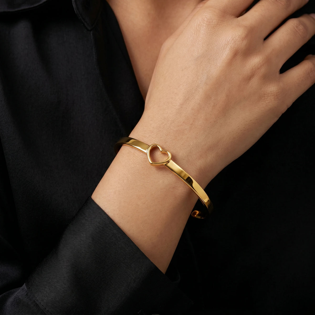 Open Heart Flat Cuff Bangle Bracelet – 18K PVD Gold Plated