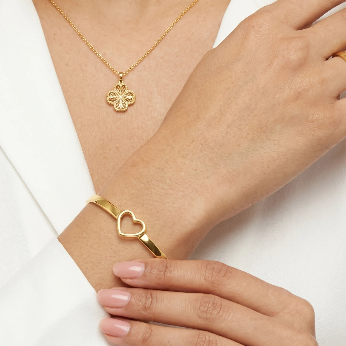 Open Heart Flat Cuff Bangle Bracelet – 18K PVD Gold Plated