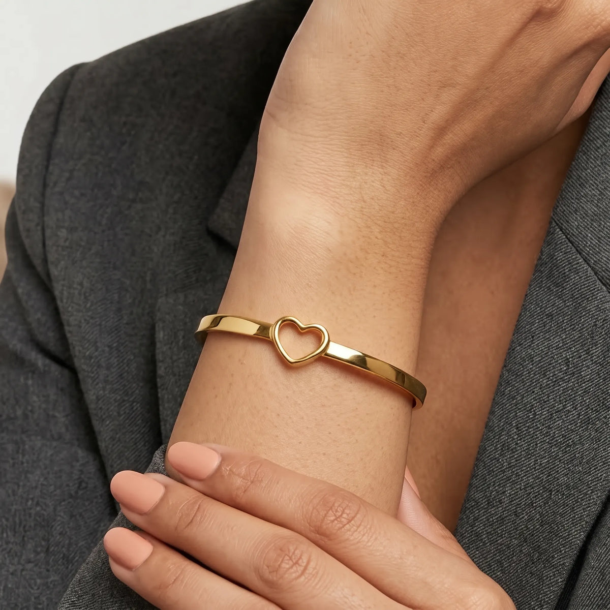 Open Heart Flat Cuff Bangle Bracelet – 18K PVD Gold Plated