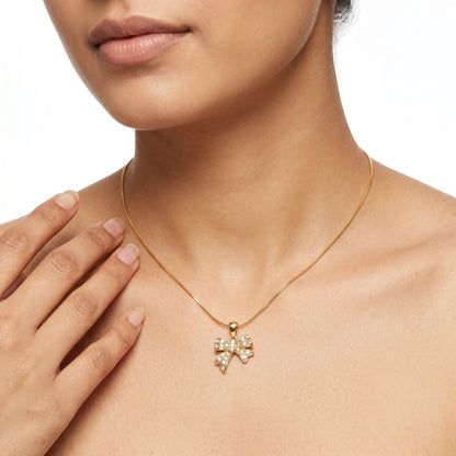 Pave Crystal Bow Pendant Snake Chain Necklace – 18K PVD Gold Plated