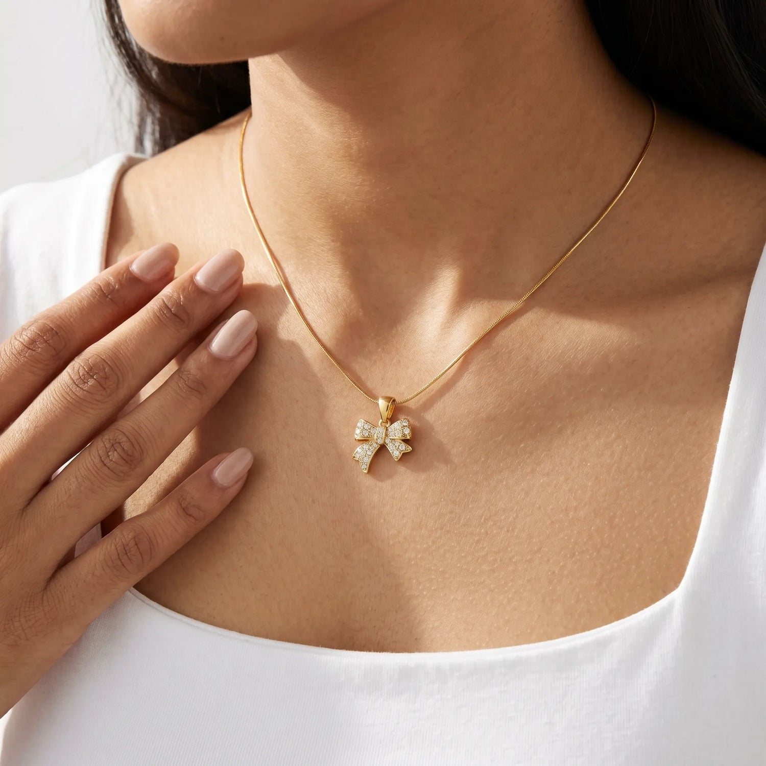 Pave Crystal Bow Pendant Snake Chain Necklace – 18K PVD Gold Plated