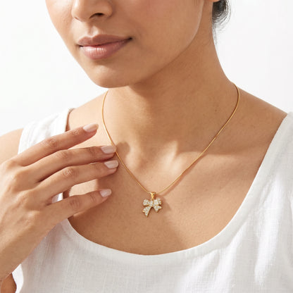 Pave Crystal Bow Pendant Snake Chain Necklace – 18K PVD Gold Plated
