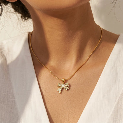 Pave Crystal Bow Pendant Snake Chain Necklace – 18K PVD Gold Plated