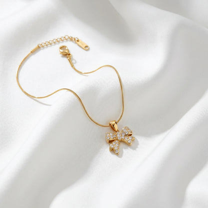 Pave Crystal Bow Pendant Snake Chain Necklace – 18K PVD Gold Plated