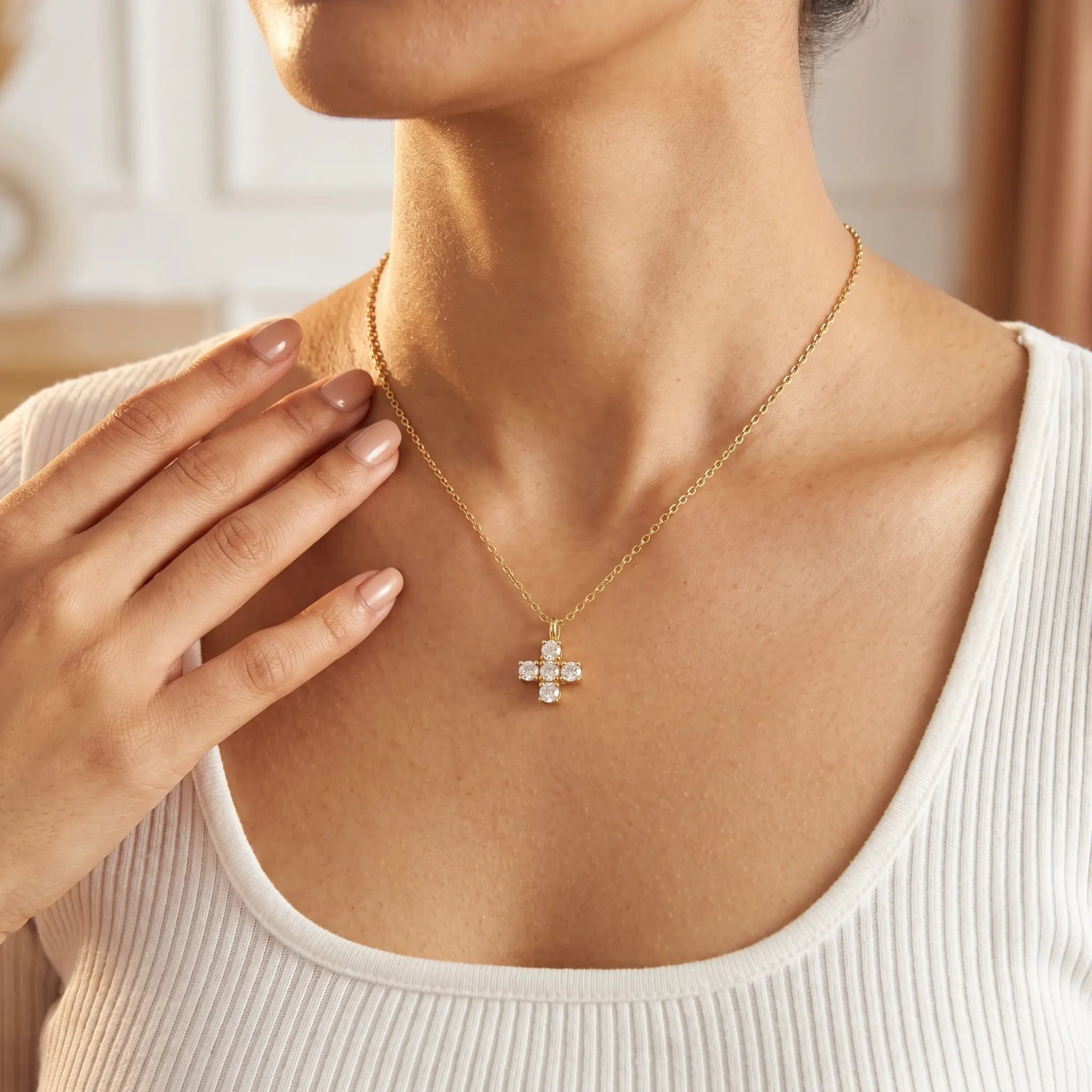 Pave Crystal Cross Pendant Necklace – 18K PVD Gold Plated