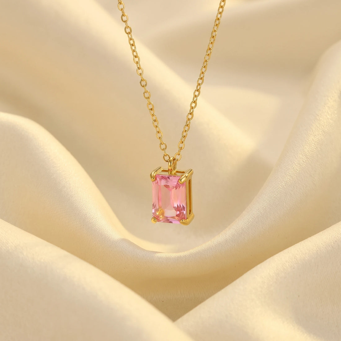Pink Baguette Solitaire Pendant Necklace – 18K PVD Gold Plated