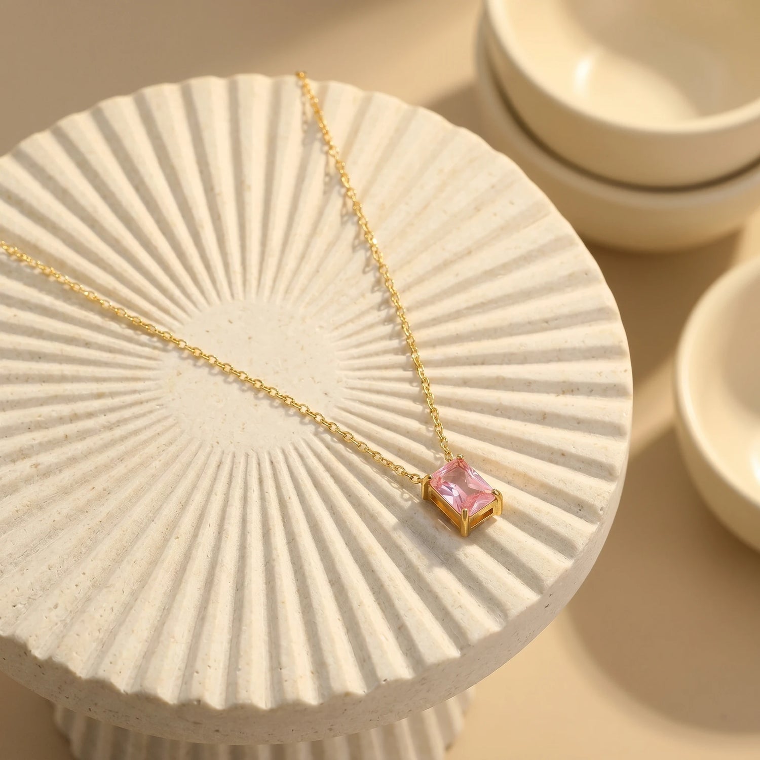 Pink Baguette Solitaire Pendant Necklace – 18K PVD Gold Plated