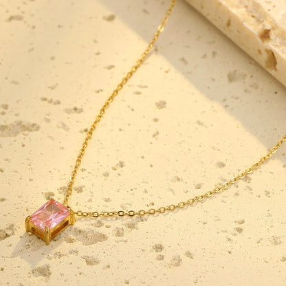 Pink Baguette Solitaire Pendant Necklace – 18K PVD Gold Plated