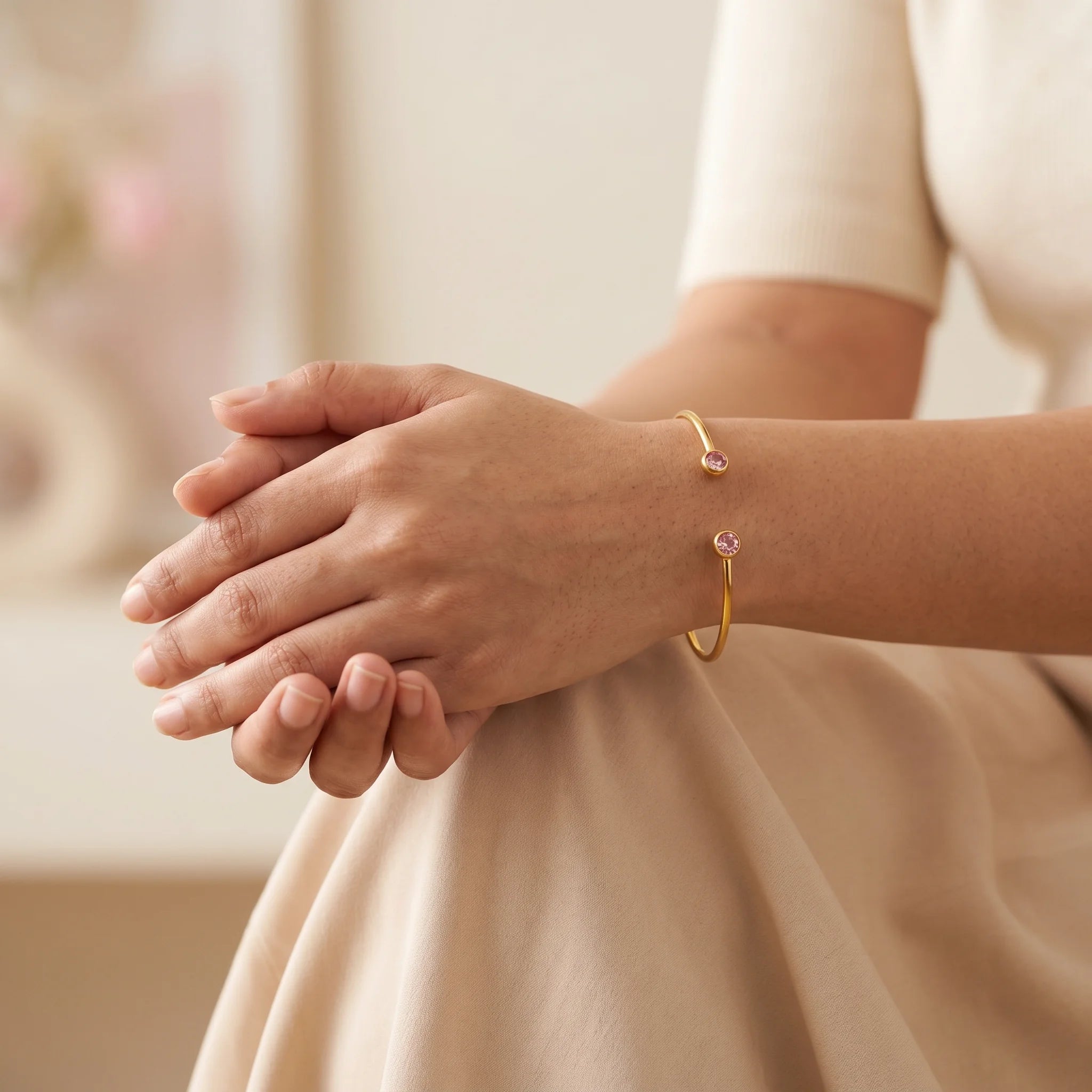 Pink Crystal Dual Bezel Open Cuff Bangle – 18K PVD Gold Plated