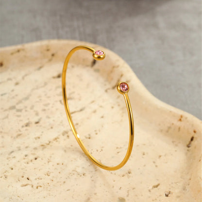 Pink Crystal Dual Bezel Open Cuff Bangle – 18K PVD Gold Plated