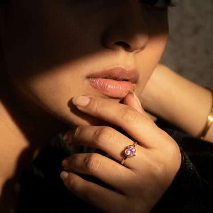Pink Heart Bezel Open Adjustable Ring – 18K PVD Gold Plated