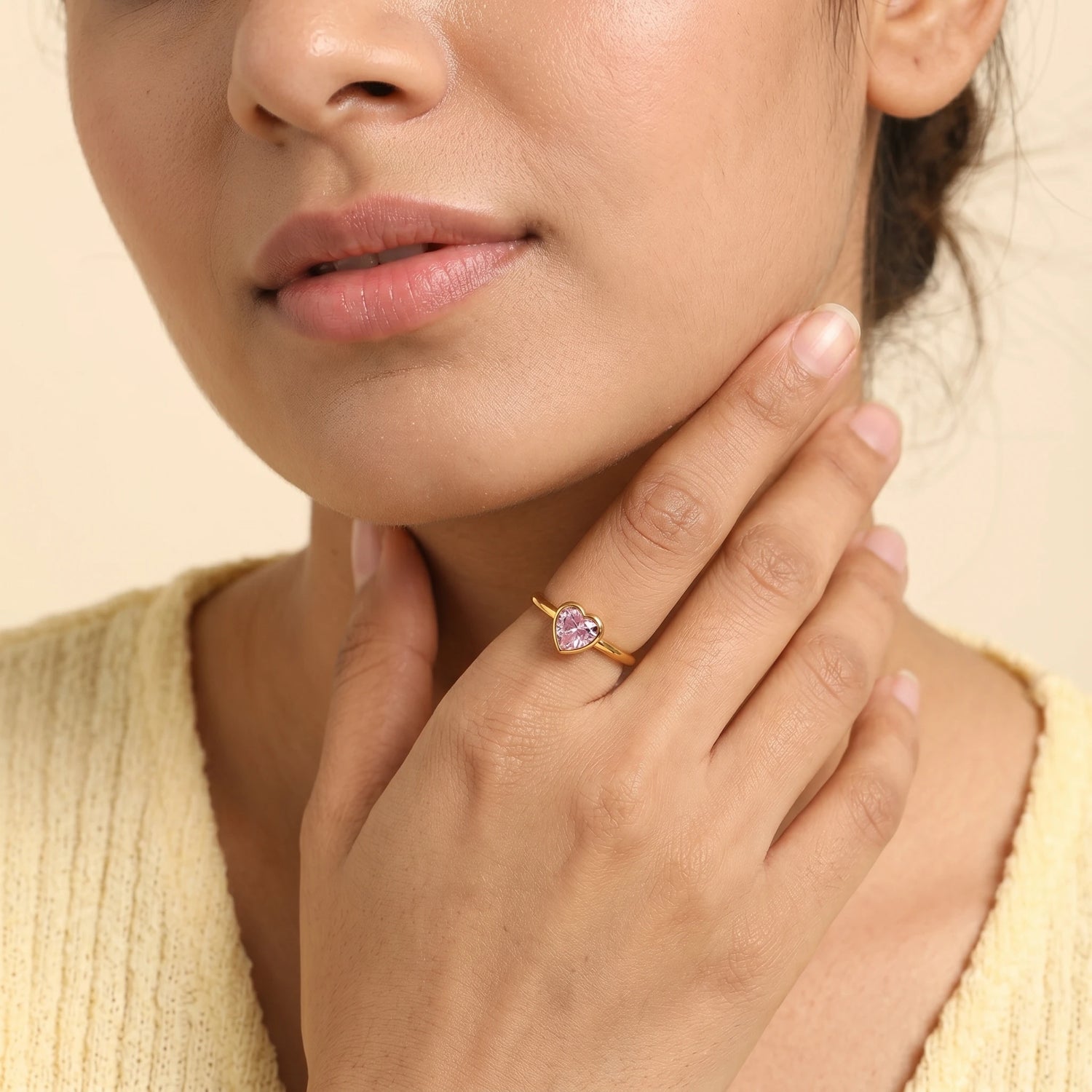 Pink Heart Bezel Open Adjustable Ring – 18K PVD Gold Plated