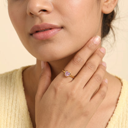 Pink Heart Bezel Open Adjustable Ring – 18K PVD Gold Plated