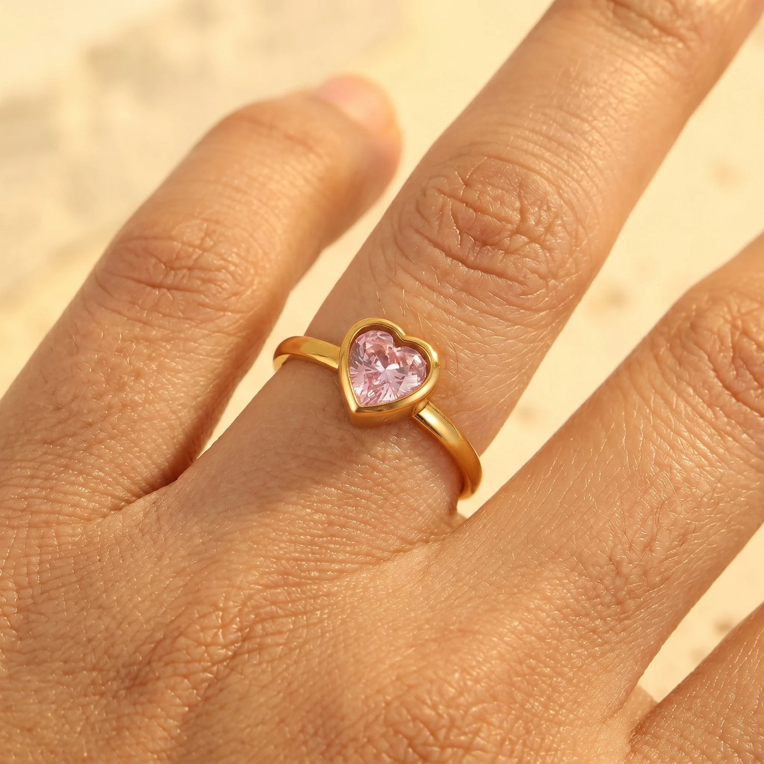 Pink Heart Bezel Open Adjustable Ring – 18K PVD Gold Plated
