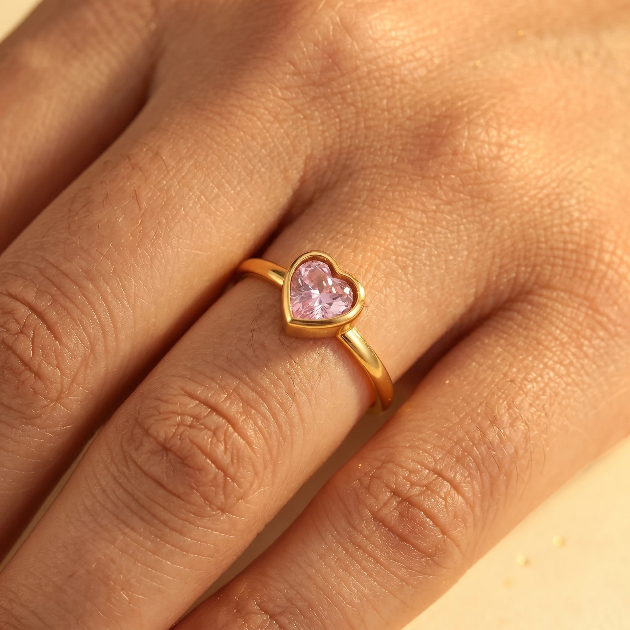 Pink Heart Bezel Open Adjustable Ring – 18K PVD Gold Plated