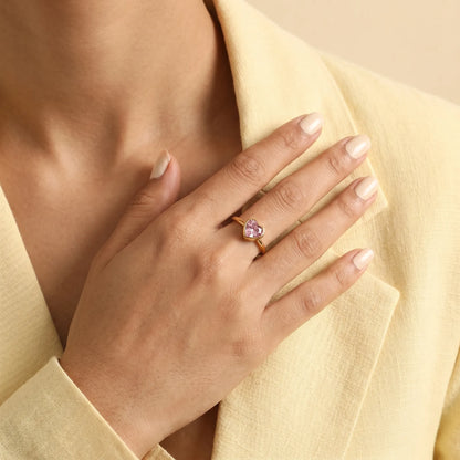 Pink Heart Bezel Open Adjustable Ring – 18K PVD Gold Plated