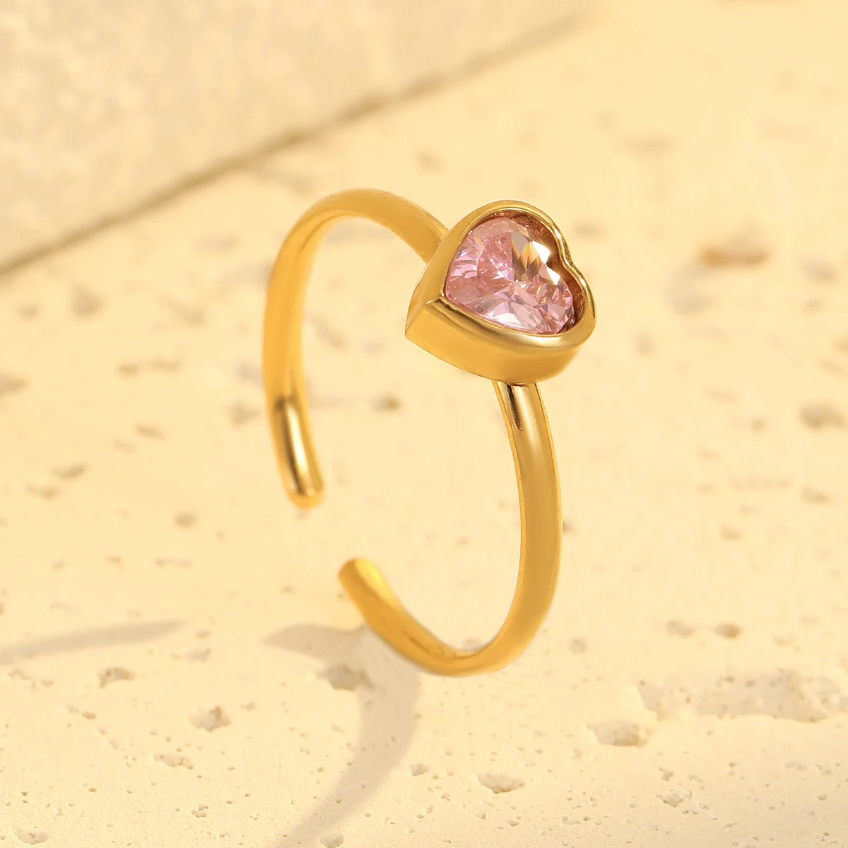 Pink Heart Bezel Open Adjustable Ring – 18K PVD Gold Plated