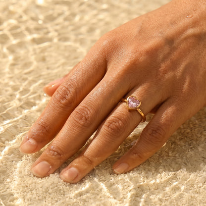 Pink Heart Bezel Open Adjustable Ring – 18K PVD Gold Plated