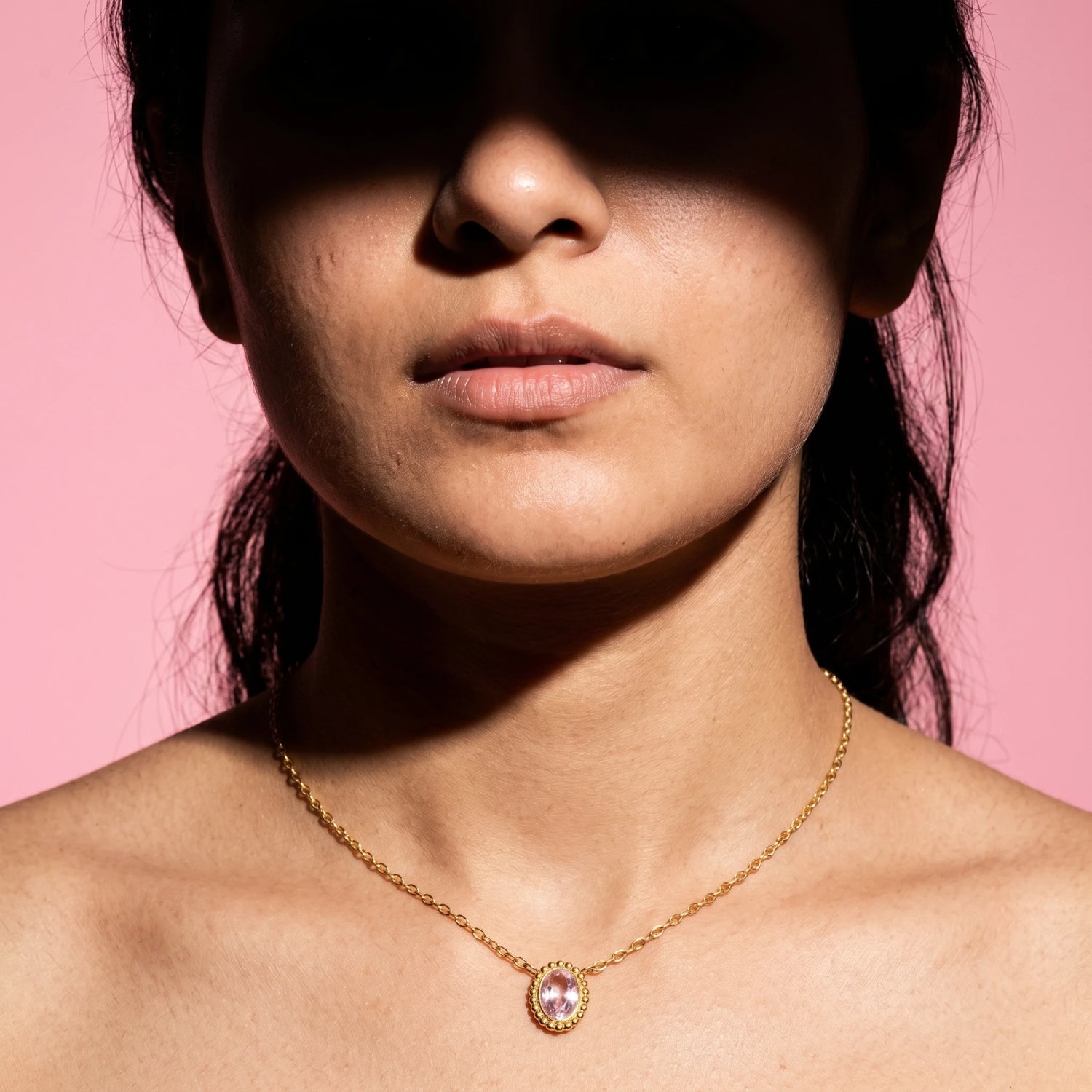 Pink Oval Crystal Beaded Bezel Necklace – 18K PVD Gold Plated