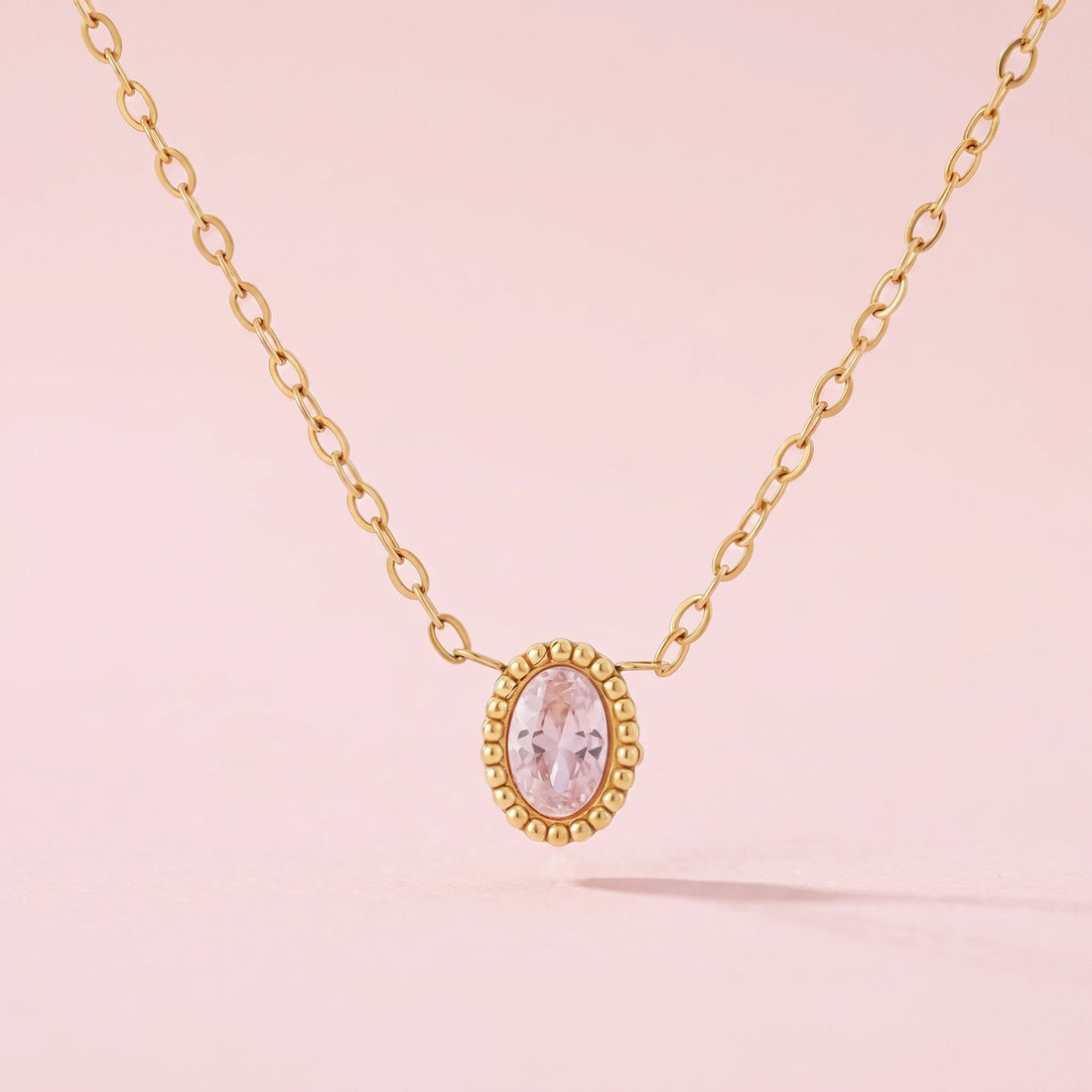 Pink Oval Crystal Beaded Bezel Necklace – 18K PVD Gold Plated
