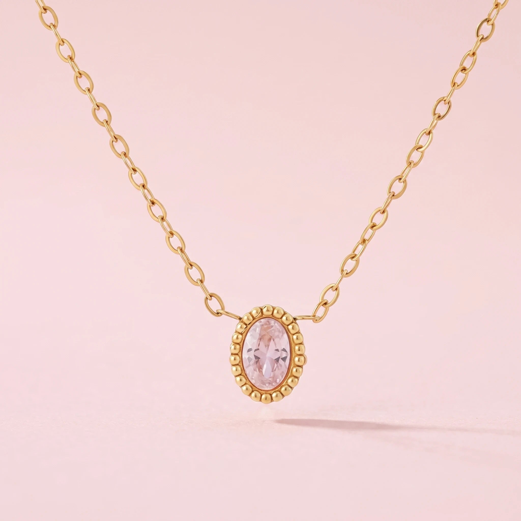 Pink Oval Crystal Beaded Bezel Necklace – 18K PVD Gold Plated