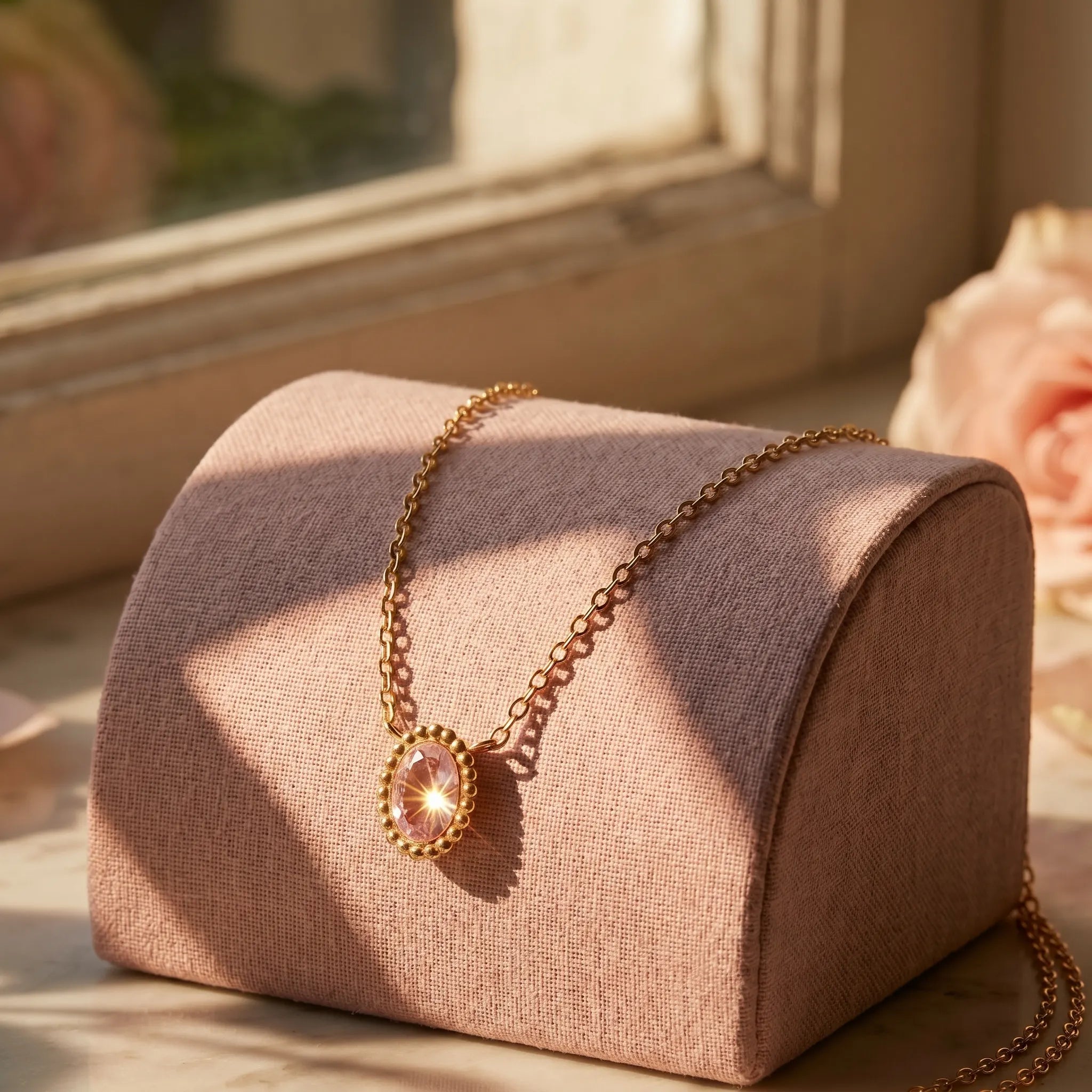 Pink Oval Crystal Beaded Bezel Necklace – 18K PVD Gold Plated
