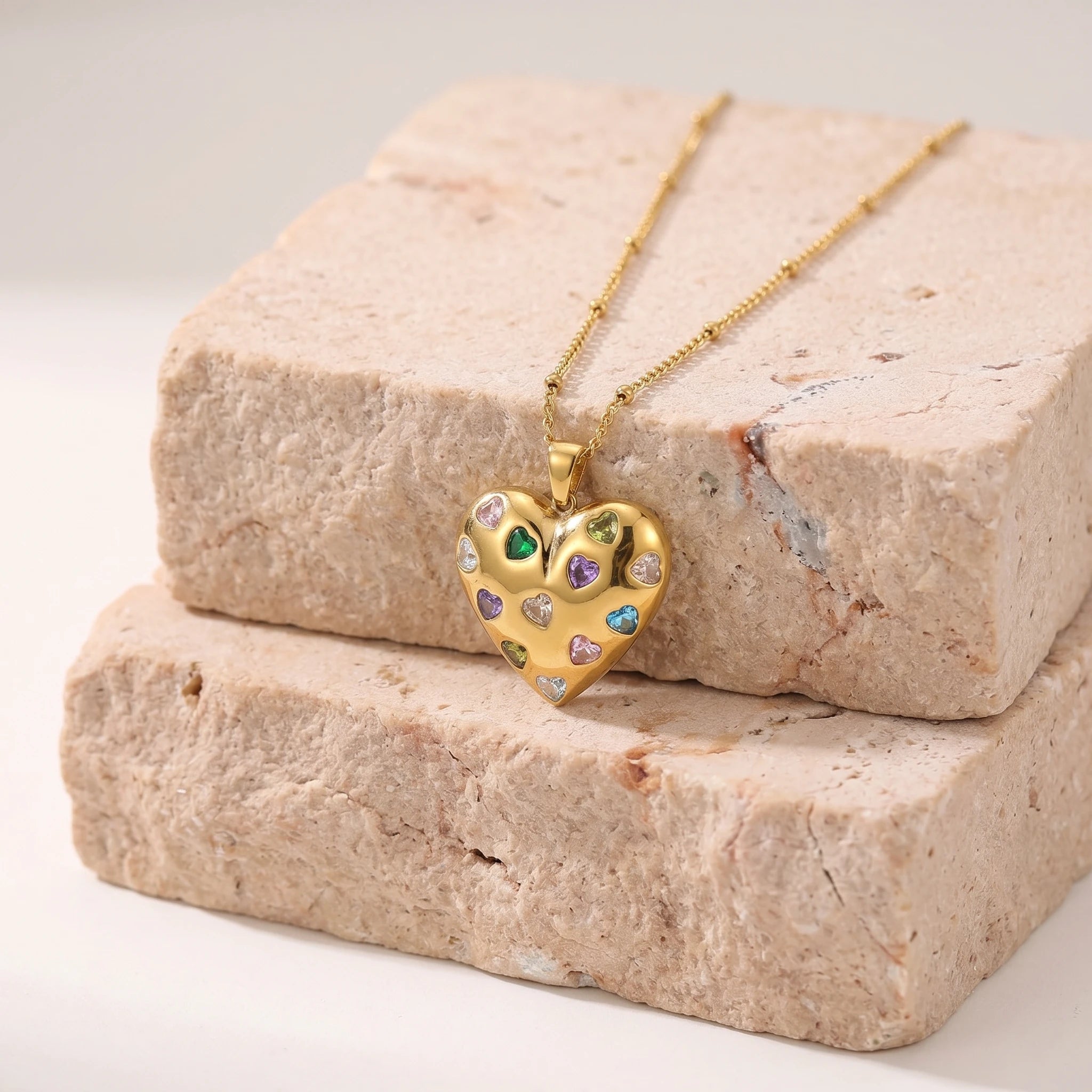 Puffy Heart Crystal Pendant Necklace – 18K PVD Gold Plated