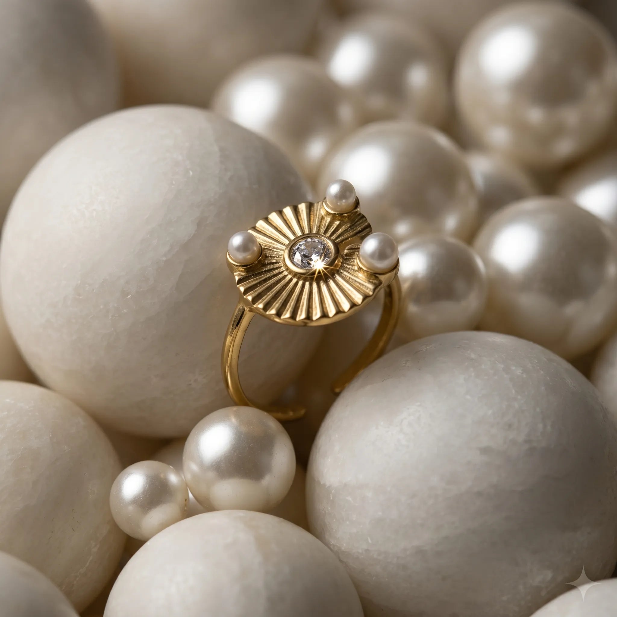 Radiant Sunburst Pearl Ring – 18K Gold Plated