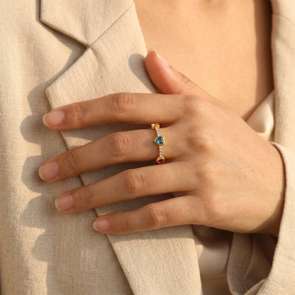 Rainbow Heart Crystal Adjustable Ring – 18K PVD Gold Plated