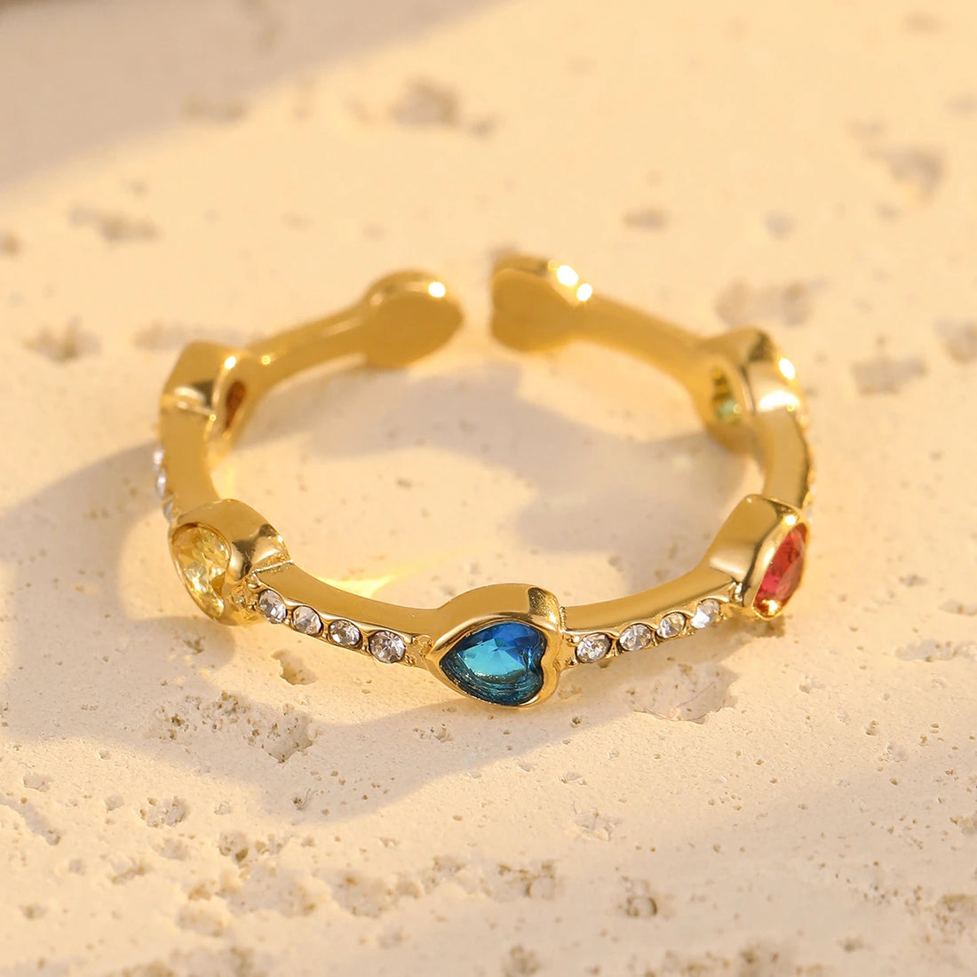 Rainbow Heart Crystal Adjustable Ring – 18K PVD Gold Plated