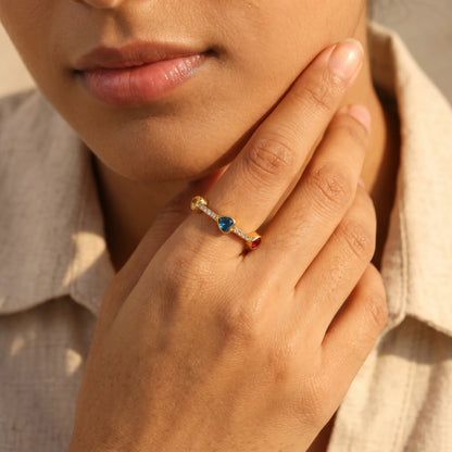 Rainbow Heart Crystal Adjustable Ring – 18K PVD Gold Plated