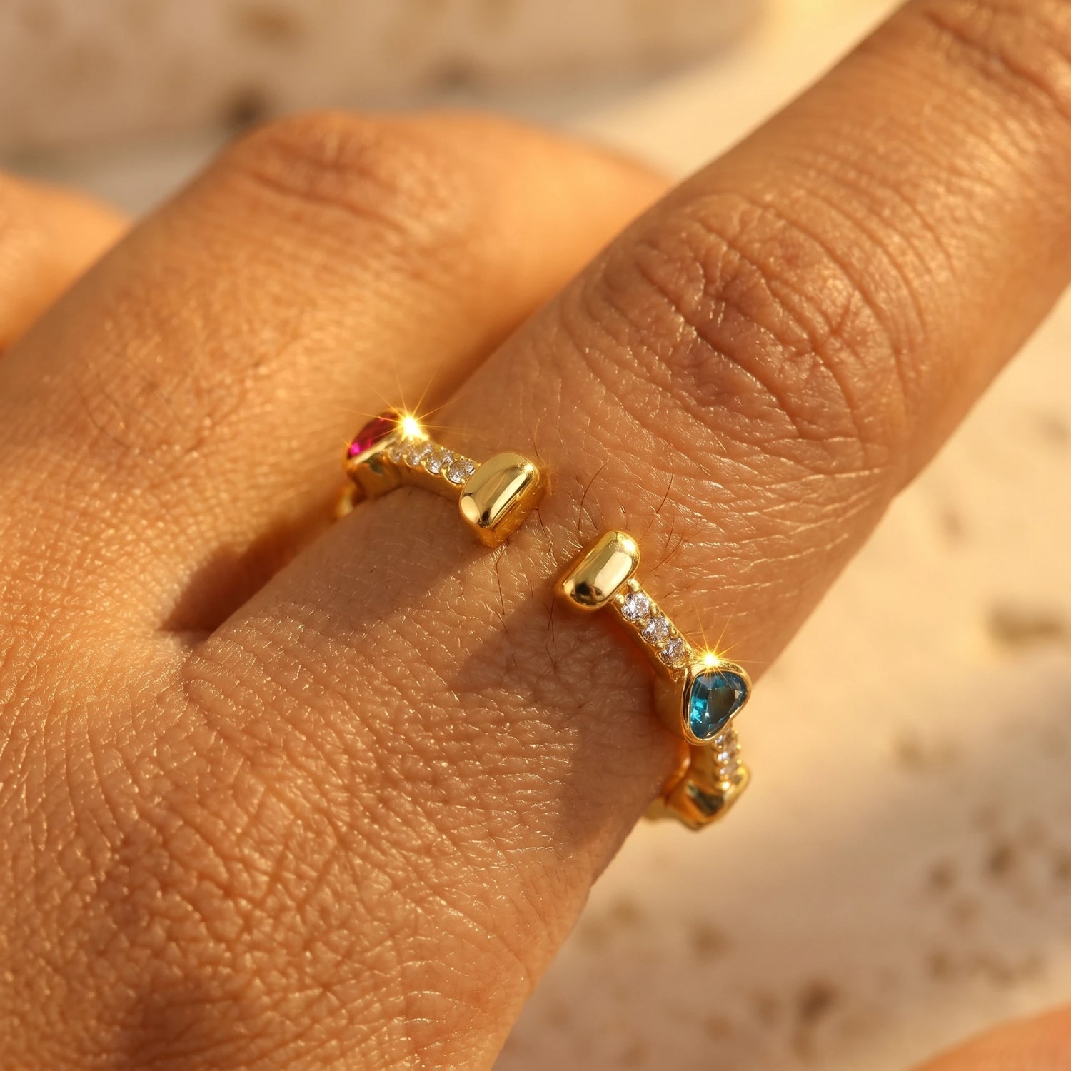 Rainbow Heart Crystal Adjustable Ring – 18K PVD Gold Plated