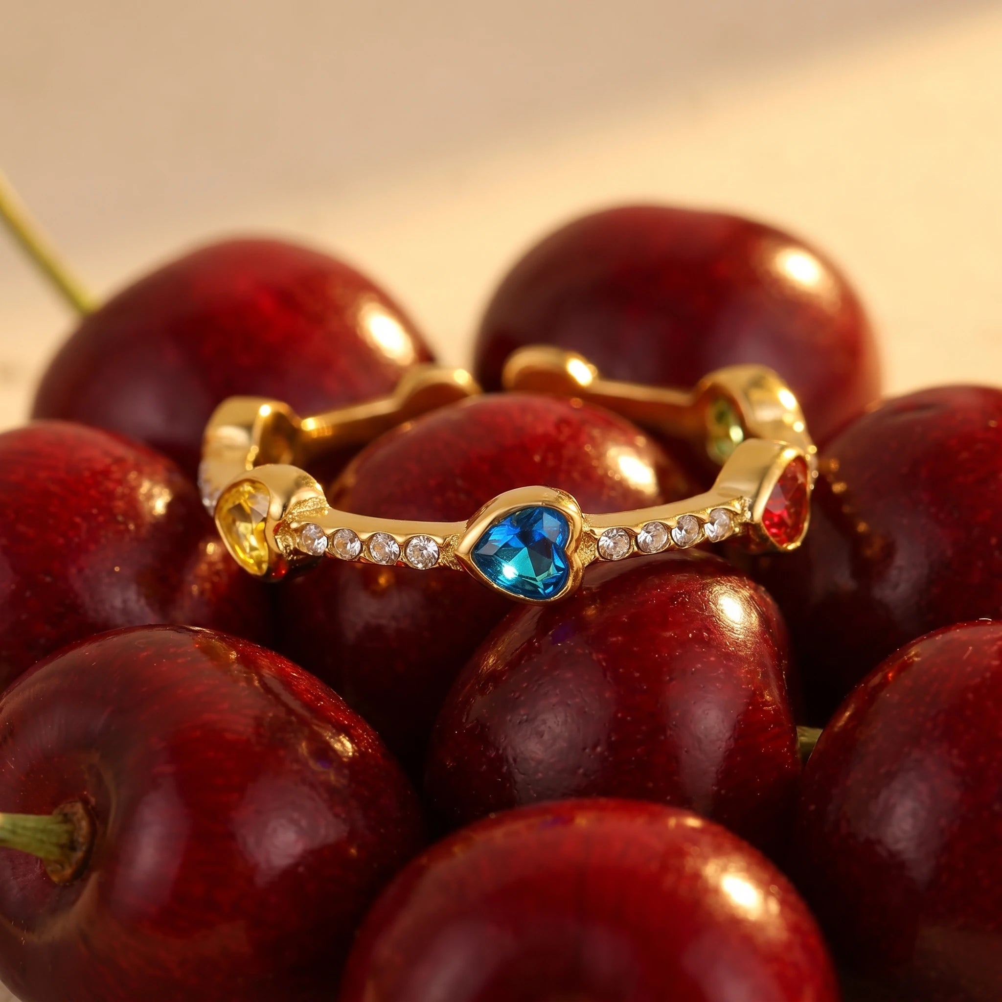 Rainbow Heart Crystal Adjustable Ring – 18K PVD Gold Plated