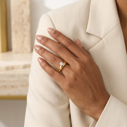 Round Solitaire Chunky Dome Band Ring – 18K PVD Gold Plated